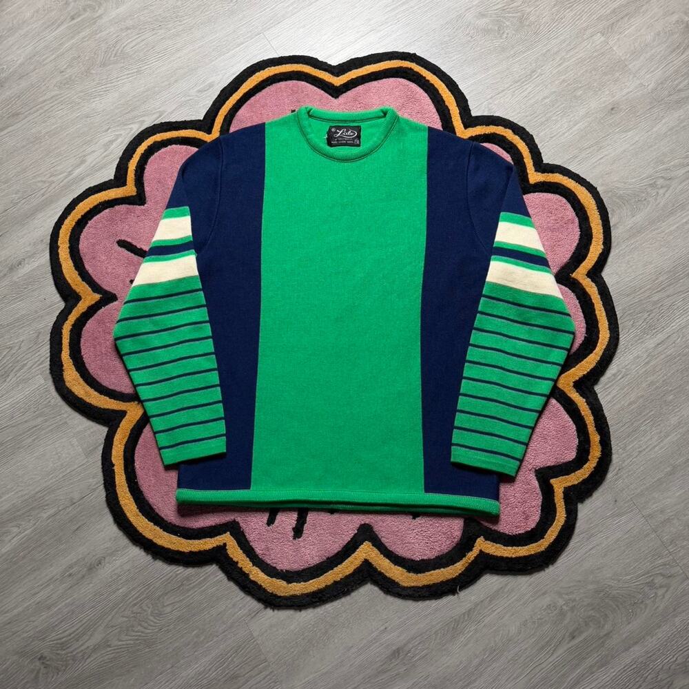 Vintage Lido of California Virgin Wool Striped Sweater Size XL Green Blue